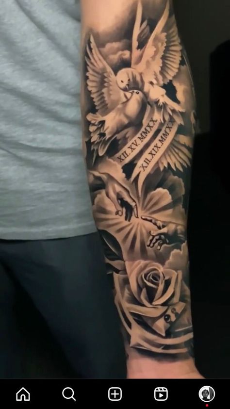 Bicep Half Sleeve Tattoo Men, Roman Numeral Tattoo Men Arm Half Sleeves, Forearm Tattoo Men Sleeve Flowers, Tattoos For Loved Ones Who Passed Sleeve, Tattoo Ideas For Men Sleeve Angel, Men’s Half Sleeve, Mary Sleeve Tattoo, Under Arm Tattoo Men, Black And Grey Tattoos Sleeve Men