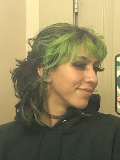 Green And Black Hair Dye Ideas, Neon Green Roots Black Hair, Green To Black Hair, Green Underlayer Hair, Neon Green Black Hair, Neon Green Highlights In Brown Hair, Green Hair Brown Roots, Green Tipped Hair, Green And Brown Hair Color