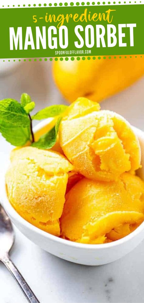 The perfect refreshing summer recipe idea made with only five ingredients! Mango Sorbet combines simple ingredients in a blender and food processor until the mixture is smooth. It is then chilled in the refrigerator. This dessert recipe is perfect for kids and adults! Save this pin! Ninja Creami Mango, Mango Sorbet Recipe, Sorbet Is, Sorbet Recipe, Lime Sorbet, Frozen Summer, Fruit Sorbet, Mango Ice Cream, Ice Cream Maker Recipes