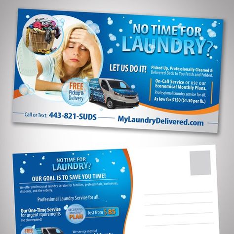 Design a postcard mailer for a wash & fold delivery service | Postcard, flyer or print contest | 99designs Laundry Service Business, Laundromat Business, Dry Cleaning Business, Postcard Mailer, Laundry Logo, Startup Business Plan Template, Folded Business Cards, Laundry Dry Cleaning, Laundry Business