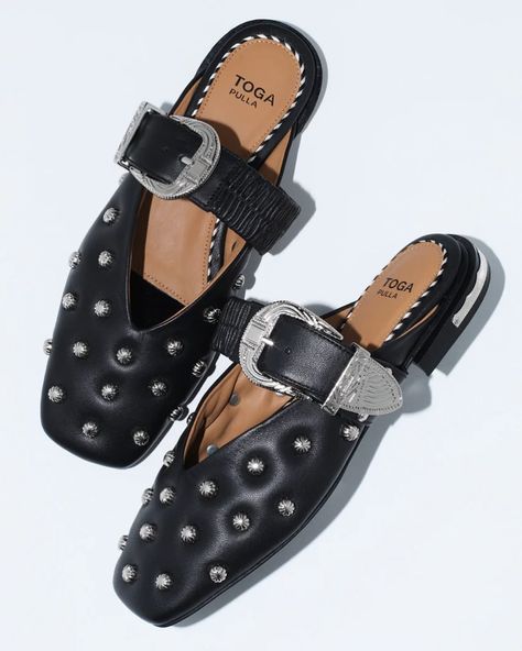 Bold and beautiful ✨ These studded buckle mules bring the perfect edge to any outfit. Step up your style game in sleek black leather. Shop @togaarchives in-store and online. Mule Outfit, Toga Pulla, Mini Studs, Step Up, Mule, Belt Buckles, Portugal, Black Leather, Online Store