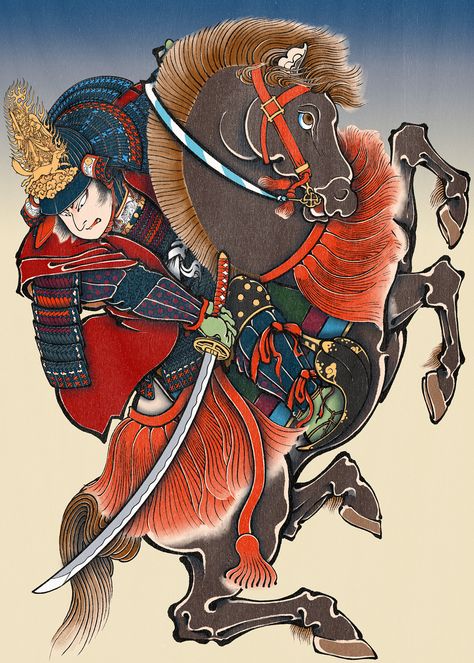 Ukiyoe Tattoo, Traditional Tattoo Horse, Samurai Drawing, Japanese Culture Art, Knight Tattoo, Japanese Dragon Tattoos, Japan Tattoo Design, Irezumi Tattoos, Tattoo Graphic