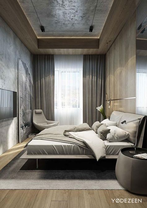 Ceiling, large artwork, padded headboard.  Consider having the artwork mounted on sliding hardware to allow it to cover an inset big screen when not in use. Residence in Tbilisi by Yodezeen Designs | HomeAdore Bilik Tidur Lelaki, Modern Bedroom Ideas For Men, Warna Bilik Tidur, Bilik Tidur Minimalis, Bilik Tidur Kecil, Idea Bilik Tidur, Reka Bentuk Bilik Tidur, Apartemen Studio, Hiasan Dalaman Rumah