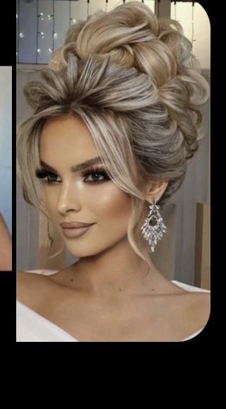 Modern Hair Updo Classy, Front View Updo, Hollywood Glam Wedding Hair Updo, High Updo Wedding With Veil, Big Volume Wedding Hair Up Dos, Vintage Glam Hairstyles Updo, Extravagant Updo Hairstyles, High Updos, Elaborate Updo Long Hair