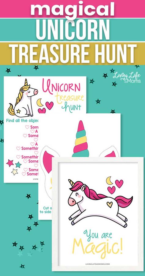 Little girls everywhere are fascinated by unicorns. Share a little magical fun with your little ones with a unicorn treasure hunt activity. #unicorngames #unicorncraft #scavengerhuntforgirls #freehomeschooldeals #fhdhomeschoolers Unicorn Treasure Hunt Printable, Unicorn Scavenger Hunt Clues, Unicorn Party Activities For Kids, Unicorn Scavenger Hunt, Unicorn Treasure Hunt, Handprint Calendar, Diy Busy Books, Unicorn Games, Treasure Hunt For Kids