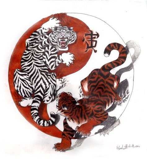 Tiger Ying-Yang by Kyori-kat-83 Yin Yang Images, Yin Yang Illustration, Japanese Tiger Tattoo, Yin Yang Koi, Ying Yang Tattoo, Chinese Tiger, Zoo Art, Tiger Dragon, Yang Tattoo