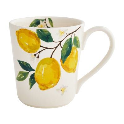 Lemon White Mug Lemon Kitchen Decor, Painted Coffee Mugs, Coffee Cup Art, Lemon Kitchen, White Dinnerware, Yellow Decor, Painted Wine Bottles, Decoupage Box, Lemon Decor