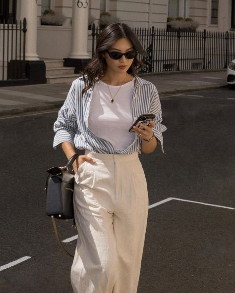 Striped Shirt Outfits, Outfits With Striped Shirts, Oversized Shirt Outfit, Getting Ready In The Morning, Zara Midi Skirt, Neutral T Shirts, Cream Trousers, Shirt Outfits, Blue Striped Shirt