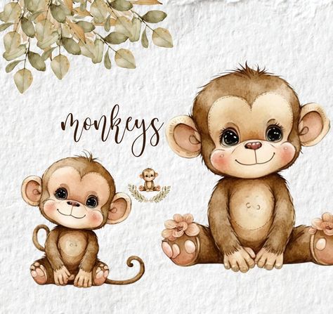 Monkey Watercolor, Monkey Birthday Party, Monkey Birthday Parties, Monkey Drawing, Monkey Illustration, Party Graphic, Doodles Ideas, Monkey Baby Shower, Monkey Birthday