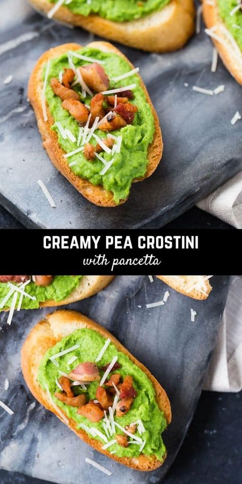 Holiday Crostini, Pea Crostini, Pea Puree, Pancetta Recipes, Creamy Peas, Crostini Appetizers, Cream Cheese Rolls, Tomato Tart, Bariatric Recipes