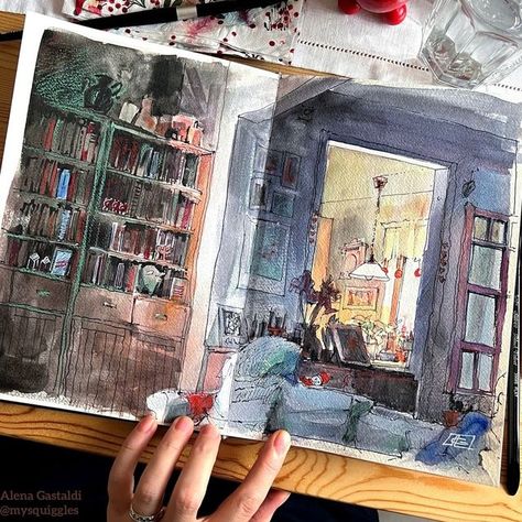 Sketch Book Water Colour, Drawing Of Room Illustration, Watercolor Room Drawing, Watercolor Bedroom Drawing, Watercolour Books Painting, Watercolour Interior, 2023 Drawing, Watercolor Study, Winter Living Room