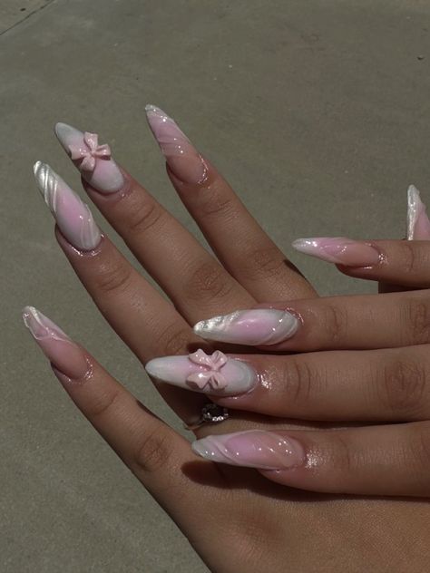 Dramatic Almond Nails, Ethereal Acrylic Nails, Almond Airbrush Nails, Almond Long Nails Design, Pink And White Aura Nails, Almond Nails Extra, Pink 3d Nails, Pink Airbrush Nails, Libra Nails