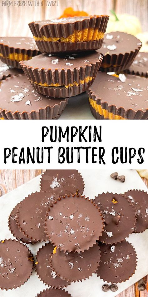 Pumpkin peanut butter cups with a salty pumpkin peanut butter layer and two creamy chocolate layers topped with flaky sea salt. Gluten Free Crock Pot Recipes, Pumpkin Peanut Butter, Twix Chocolate, Healthy Chocolate Desserts, Healthy Dessert Recipes Easy, Pumpkin Cups, Dairy Free Cookies, Homemade Recipes Dessert, Peanut Butter Pumpkin