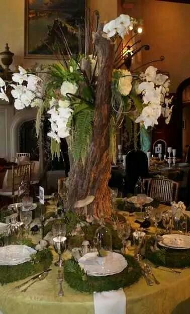 Love the tree trunk and moss Enchanted Forest Centerpieces, Enchanted Forest Quinceanera Theme, Enchanted Forest Prom, Forest Wedding Decorations, Enchanted Forest Wedding Theme, Enchanted Forest Decorations, Woodland Theme Wedding, Enchanted Forest Theme, Forest Theme Wedding