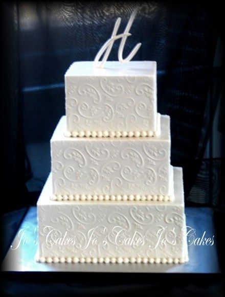 Three Tier Square Wedding Cakes | All buttercream stencilled with a leaf and scroll design. 3 Tier Square Wedding Cake, Wedding Cakes Square, Wedding Cake Square, Square Wedding Cake, Silver Wedding Cake, 3 Tier Wedding Cakes, Square Wedding Cakes, Brides Cake, Wedding Dress Cake