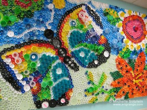 Plastic Bottle Caps Art – Keep it Pure & Simple Bottlecaps Crafts, Michelle Stitzlein, Bottle Top Art, Plastic Bottle Tops, Recycle Bottle Caps, Bottle Cap Projects, Plastic Bottle Caps, Cap Art, Roots And Wings