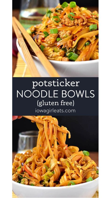 Potsticker Noodles Bowls taste just like potstickers without the tedious sealing and steaming. This gluten free dinner recipe is ready in 30 minutes! Noodle Bowls Recipes, Comfort Casseroles, Iowa Girl Eats, Marinated Pork, Gluten Free Recipes For Dinner, Coleslaw Mix, Noodle Bowl, Low Sodium Chicken Broth, Recipes For Dinner