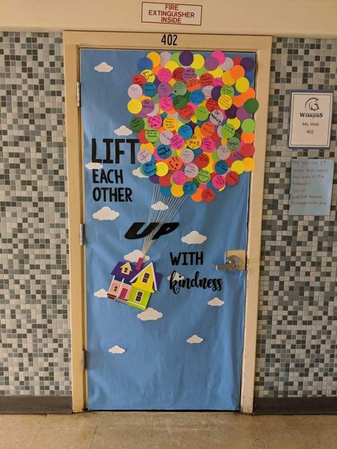 Up Movie Classroom Theme Bulletin Boards, Positivity Wall Classroom, Placards Ideas For School, Positive Door Decorations Classroom, Kindness Week Door Decorations, Up Classroom Theme, Kudos Board, Classroom Door Ideas, Teacher Door Decorations