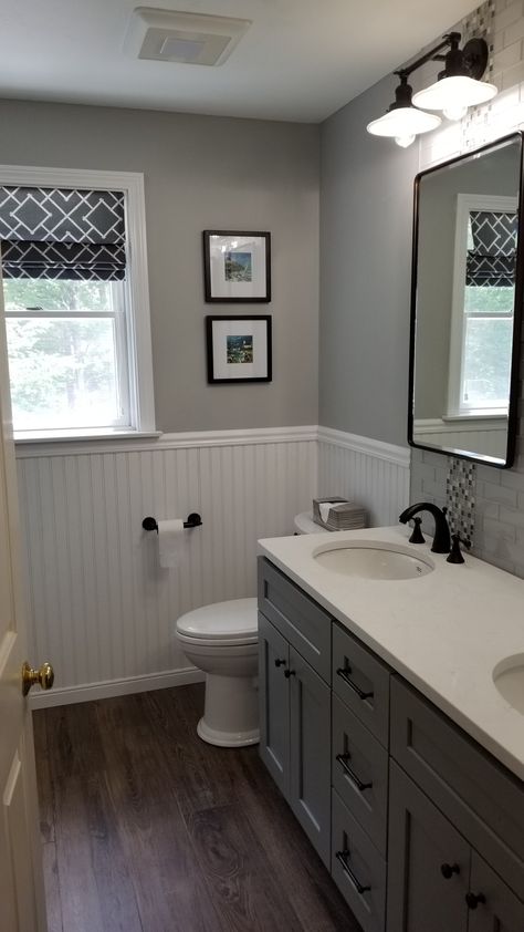 Farmhouse Bathroom Remodel On A Budget, Bathroom Waynes Coating Ideas Farmhouse, Brad Board Bathroom, Bathroom Painting Ideas Beadboard, Bathroom With Wayne’s Coating, Bathroom Remodel Beadboard, Small Bathroom Remodel Beadboard, Bathroom With Beadboard Walls, Wainscoting Bathroom Wood Boards & Planks