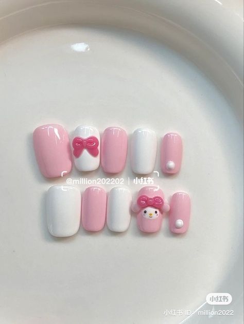 Sanrio Inspired Nails, Cute Sanrio Nails, My Melody Nails, Paznokcie Hello Kitty, Coquette Nails, Cute Nail Polish, Harajuku Anime, Fake Nails Designs, Bunny Nails