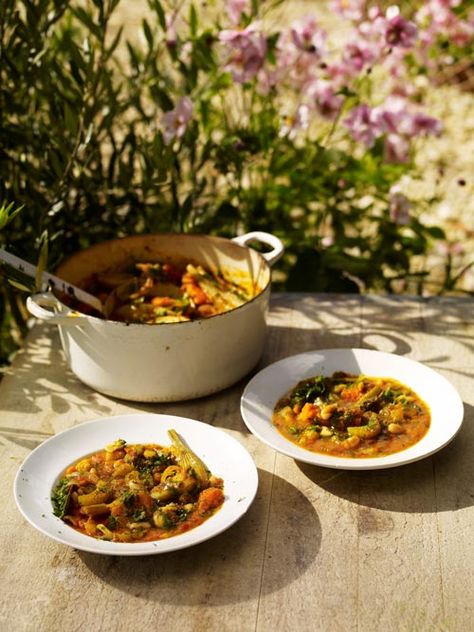 A heartwarming Autumn Vegetable Stew - Gill Meller Autumn Stew, Decadent Food, Vegan Stew, Roasted Fennel, Casserole Pan, Vegetable Stew, Leaf Flower, Ripe Tomatoes, Dried Beans