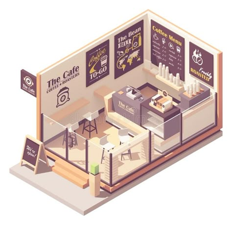 Small Cafe Floor Plan, Isometric Coffee Shop, Mini Cafeteria, Cafe Floor Plan, Blackboard Menu, Interior Architecture Sketch, Mini Cafe, Small Coffee Shop, Small Cafe Design