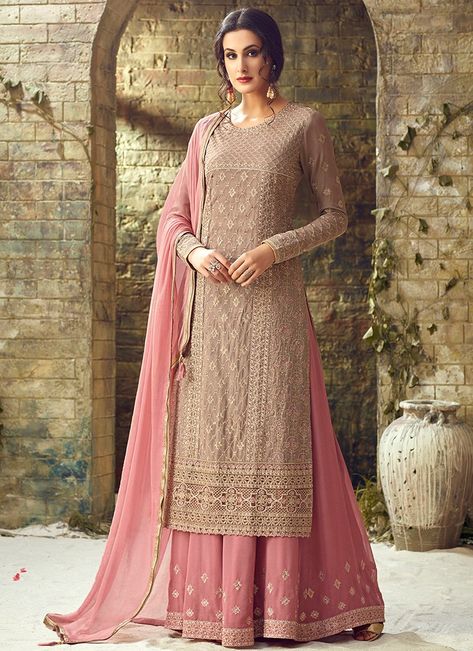 Mauve Grey and Pink Embroidered Sharara Suit अनारकली सूट, डिजाइनर कपड़े, Celana Fashion, Designer Anarkali Suits, Salwar Kamiz, Salwar Kameez Online, Designer Anarkali, Designer Salwar Suits, Salwar Kameez Designs