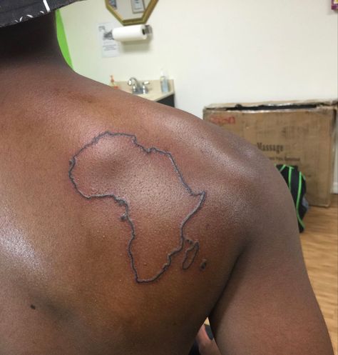 Africa Shoulder Tattoo, Africa Back Tattoo, Liberian Tattoos, African Style Tattoos, Tattoo Of Africa, Liberia Tattoo, Zimbabwe Tattoo, Africa Outline Tattoo, Africa Tattoos Men