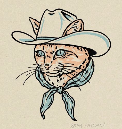 Cowboy Bmo Tattoo, Meowdy Cat Tattoo, Dog Cowboy Hat Tattoo, Animal In Cowboy Hat Tattoo, Cat Cowboy Hat Tattoo, Cat With Hat Tattoo, Cowboy Hat Art, Cowboy Dog Tattoo, Cat With Hat Drawing