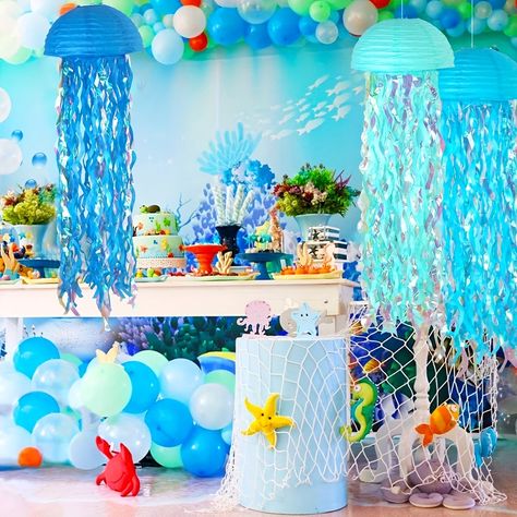 Ocean Wedding Theme, Purple Lantern, Underwater Party, Ocean Birthday Party, Paper Lantern Decor, Ocean Birthday, Mermaid Party Decorations, Ocean Party, Sea Birthday Party