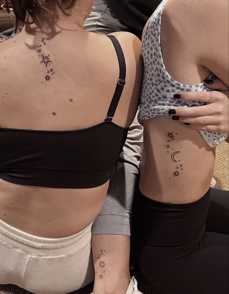 Matching Tattoos Star And Moon, Moon Star Matching Tattoos, Sun Moon Star Tattoo Friends, Sun Moon And Stars Tattoo Best Friends, Matching Tattoos Sun And Moon, Mom And 2 Daughters, Sun Moon Stars Tattoo, Sun Moon And Stars Tattoo, Word Tattoos On Arm