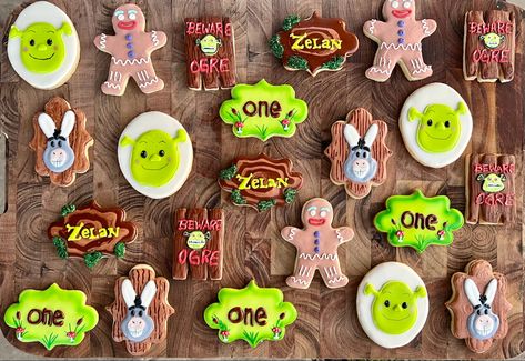 Shrek Cookies Decorated, Shrek Cookies, Cookies Decorated, Shrek, Sugar Cookies Decorated, 5th Birthday, Cookie Decorating, Sugar Cookies, First Birthdays