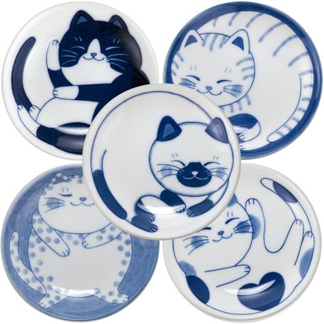 PRICES MAY VARY. [Cat Themed Gifts] 5 kinds of cute cat design small plates. Perfect gift for cat lovers. [Japan Import] Cute cat plates made in Japan are perfect for sushi plates and soy sauce plates. Small sushi bowls are convenient for dipping sauces for oysters as well as for serving appetizers or desserts. Material: Porcelain, Microwave-safe and dishwasher-safe. Do not put the plates in the oven. Measuring 3.9" dia x H0.8" weight:2.17oz./one plate. Model type: NEKOCHIGURA Mino ware is a tra Whimsical Tea Set, Cat Ceramic Plate, Decorative Ceramic Plates, Underglaze Mugs, Air Dry Clay Plate, Aesthetic Dishes, Sushi Soy Sauce, Cute Dishes, Japan Dessert