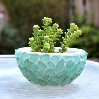 diy sea glass bowl, container gardening, crafts, gardening, home decor, how to, succulents Diy Alcohol, Succulent Bowls, Sea Glass Art Projects, Glass Art Projects, Leaf Bowls, Beachy Decor, Glass Planter, Sea Glass Crafts, Beach Crafts