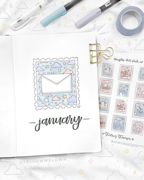 melanie’s bujo ☺︎︎ on Instagram: “finally here: my jan cover!! this is the first monthly cover this year and it’s stamp/mail themed! ⁣ this was a theme where i had a really…” Bujo Monthly Cover, Journal Setup Ideas, January Lettering, January Bujo, Monthly Bujo, Bullet Journal Calendrier, Artist Hue, Minimalist Bullet Journal, January Bullet Journal