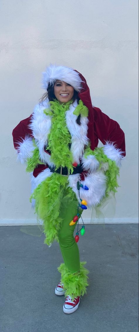 Diy Womens Grinch Costume, The Grinch Dress Up Ideas, Woman Grinch Costume, Diy Grinch Sweatshirt, Grinch Diy Sweater, Grinch Dog Costume Diy, The Grinch Diy Costume, Grinch And Cindy Lou Costume Couples, Whoville Characters Costumes Diy