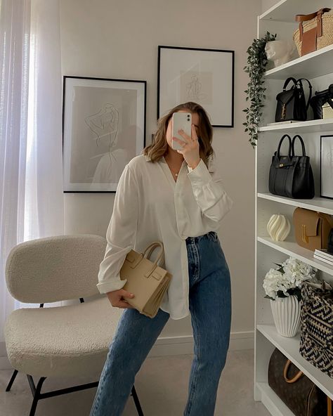 Silk shirt and blue jeans White Shirt Old Money Outfit, Satin Collared Shirt Outfit, Quiet Luxury Curvy, Plus Size Button Up Shirt Outfit, Silk Button Down, White Shirt Outfit Plus Size, Old Money Aesthetic Outfit Plus Size, Clean Girl Aesthetic Outfits Plus Size, Curvy Old Money Outfits