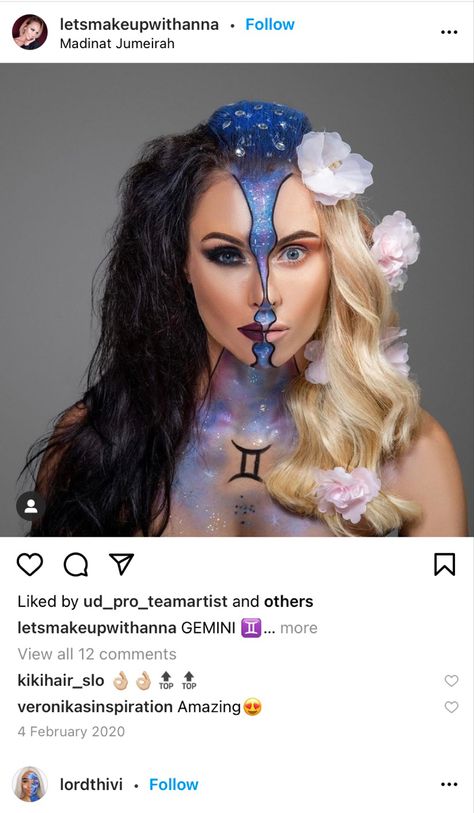 Gemini Costume Halloween, Gemini Costume, Gemini Makeup Looks, Makeup Zodiac, Halloween Zodiac, Cosmo School, Zodiac Makeup, Twin Costumes, Gemini Personality