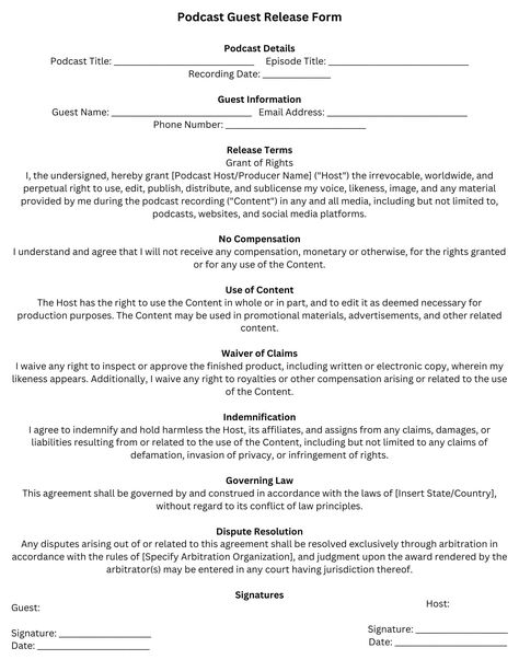 A release form for podcast hosts to obtain permission from guests to use their recordings in various media. Podcast Questions To Ask, Podcast Script Template, Podcast Guest, Podcast Topics, Account Management, Contract Agreement, Questions To Ask, Social Media Platforms, Stationery Design