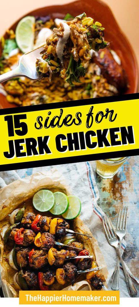 Wondering what to eat with jerk chicken? Jerk chicken is a Caribbean dish with really unique and bold flavors, and it pairs perfectly with lots of different side dishes. Here are 17 delicious ideas for side dishes that will bring out the best in your jerk chicken and make your meal even more mouth-watering. Jerk Chicken Kabobs On The Grill, Jerk Chicken Recipe Sides, What To Make With Jerk Chicken, What Goes With Jerk Chicken, Jerk Food Recipes, Caribbean Jerk Chicken Sides, Jerk Chicken Quesadilla Recipes, Jerk Chicken And Shrimp Over Yellow Rice, Best Jerk Chicken Recipe