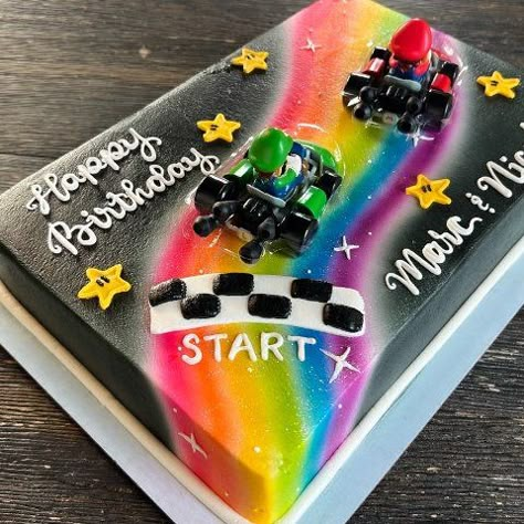 Super Mario Bros Sheet Cake, Super Mario Birthday Sheet Cake, Rainbow Road Birthday Cake, Super Mario Rainbow Road Cake, Mario Kart Rainbow Road Cake, Mario Party Birthday Cake, Super Mario Rainbow Road, Mario Rainbow Road Cake, Super Mario Sheet Cake