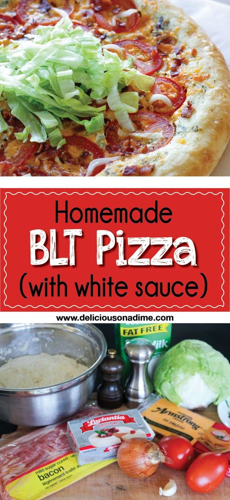 This Homemade BLT Pizza (with white sauce) recipe is a refreshing new spin on everyone's beloved classic BLT. Smoky bacon, fresh tomatoes, crunchy lettuce and a creamy white sauce will make this homemade pizza your new favourite way to enjoy a BLT. Homemade Blt Pizza, Pizza With White Sauce, Pizza Calzone Recipe, Calzone Recipes, Blt Pizza, White Sauce Recipe, Salad Bacon, Homemade Dough Recipe, Creamy White Sauce