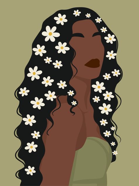 A printable graphic of a confident woman with daisy-esq flowers in her hair. Graphic Prints Art, Black Woman Clipart, Latina Drawing Art, Woman Flower Illustration, Flowers In Hair Drawing, Black Woman Art Drawings, Afro Line Art, Drawing Black Hair, Black Women Illustrations