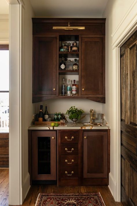 Small Wet Bar Ideas, Penny Tile Floors, Kitchen Wet Bar, Queen Anne Victorian, Cabinet Detailing, Basement Kitchen, White Marble Countertops, Wet Bars, White Cabinetry