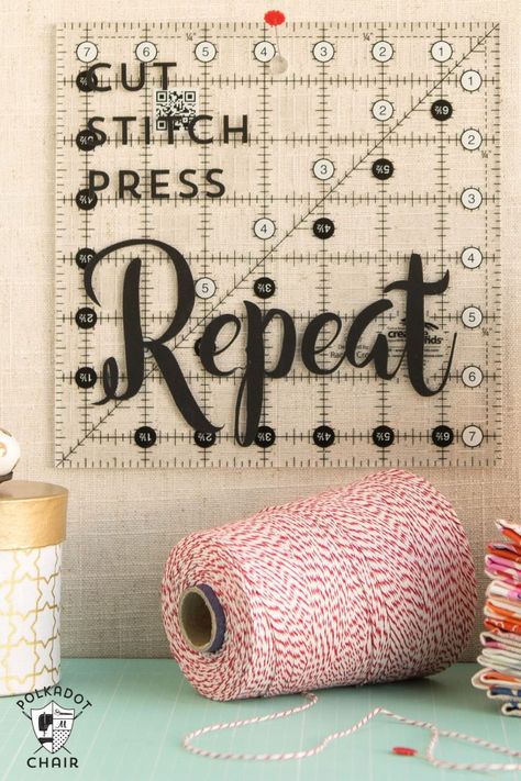 DIY Sewing and Quilting Decals for Quilt Rulers or to use as wall decor in a sewing room {includes link to free svg cut files}; cute sewing room decorating ideas Sewing Room Organizing, Room Organizing Ideas, Cinderella Crafts, Sewing Room Furniture, Sewing Quotes, Sewing Room Storage, Sewing Spaces, Quilter Gifts, Sewing To Sell