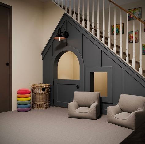 Give us your trickiest spaces and we’ll make it work! ⠀⠀⠀⠀⠀⠀⠀⠀⠀ Under the stairs? Tiny closet? You don’t have to have a massive space for us to work our playroom magic! 🪄 ⠀⠀⠀⠀⠀⠀⠀⠀⠀ Stay tuned to see this rendering from our Kansas project come to life! Under Stair Toy Storage, Play House Under The Stairs, Understair Play Space, Play House Under Stairs, Staircase Playroom, Under Stair Kids Space, Under Stairs Reading Nook Kids, Basement Clubhouse, Under Stair Play Area