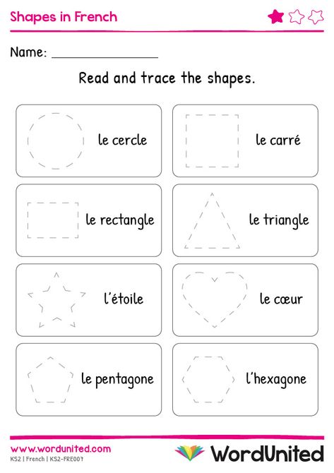 Differentiated for all abilities, these worksheets are a fantastic way for children to not only practice their shape vocabulary, but also encourage the development of fine-motor skills when tracing and drawing the various shapes.  Includes answer sheet. Supports the following areas of learning within Key Stage 2: Languages and Numeracy. Shapes In French, French Weather Worksheets, French Kindergarten Worksheets, French Worksheets For Kindergarten, French Activities For Preschoolers, French Kindergarten Activities, French Activities For Kids, French Worksheets For Kids, French Preschool Activities