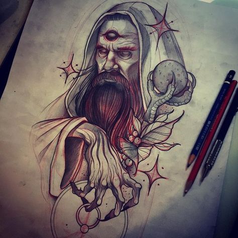 Foto Wizard Drawings, Wizard Tattoo, Neo Tattoo, Skeleton Art, Desenho Tattoo, Dark Art Drawings, Chicano Art, Dark Tattoo, Neo Traditional