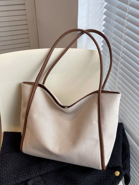 Beige Fashionable Collar  Fabric Colorblock,Plain Shoulder Tote Bag Embellished   Women Bags Everyday Bag Essentials, 23 Summer, Business Casual Minimalist, Beige Tote Bag, Sac Diy, Beige Handbags, Bags For Teens, White Tote, Pretty Bags