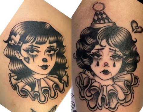 Lady Clown Tattoo, Clown Lady Tattoo, Porcelain Doll Tattoo, Doll Head Tattoo, Neo Traditional Tattoos Black And Grey, Jester Tattoo, Tattoo Knee, Valentines Designs, Tattoo Over Scar